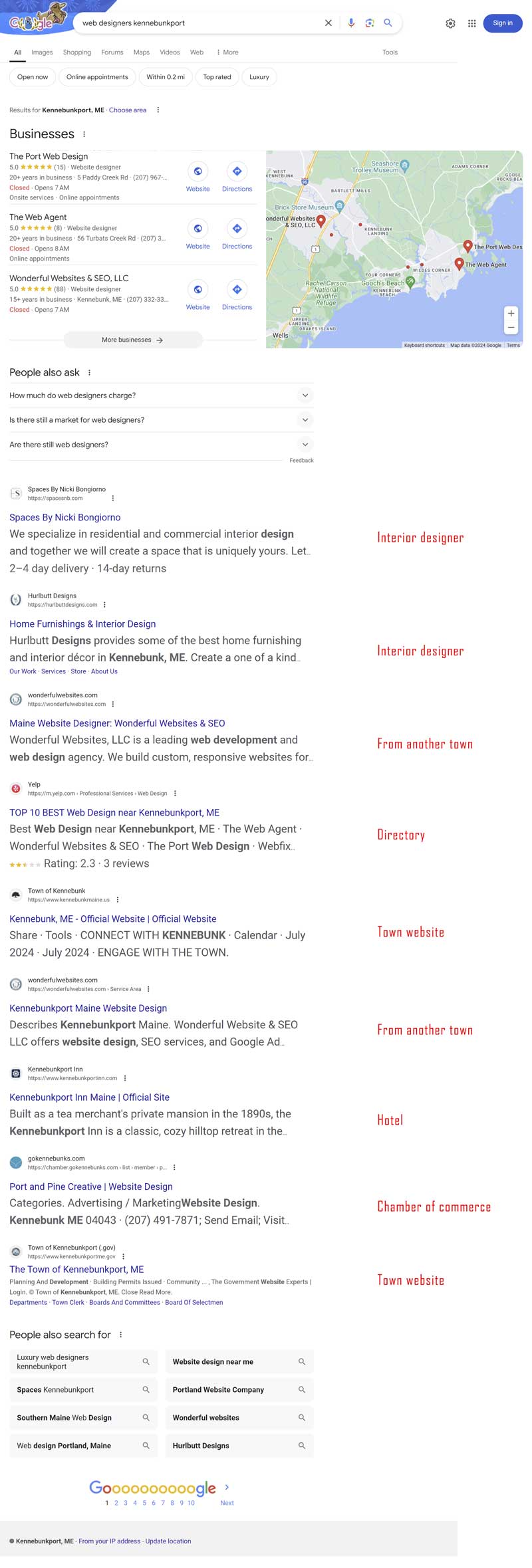 Google search results for 'web designer Kennebunkport'
